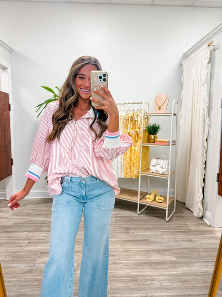 3/4 Sleeve Half Zip Striped Top