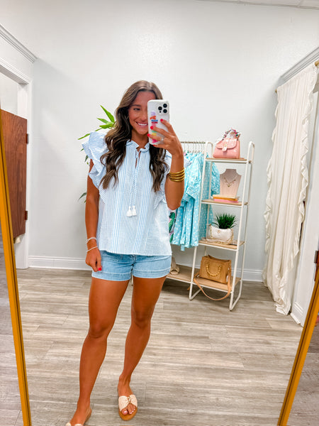 Denisse Pintuck Striped Ruffle Top