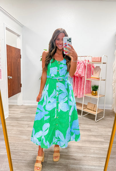 Botanical Print Sleeveless Midi Dress