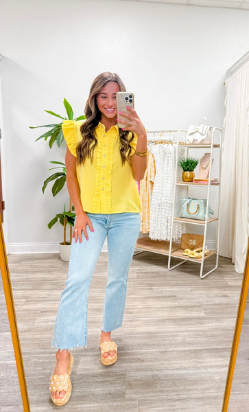 Ruffle Button Down Crinkled Solid Top