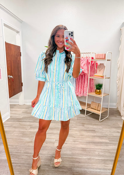 Vertical Striped Waist Tie Shirt Dress