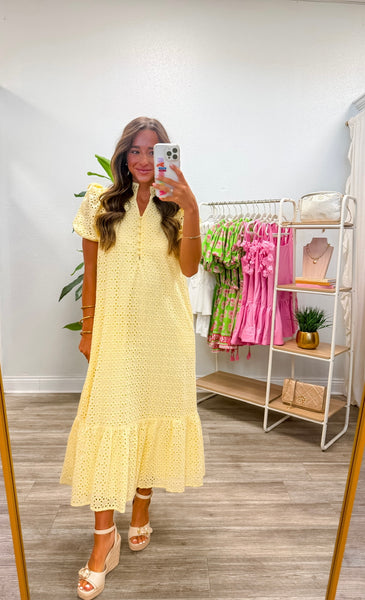 Lemon Eyelet Short Puff Sleeve Midi Dress