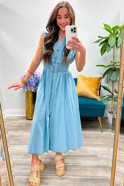 Denim Sleeveless Front Zip Midi Dress