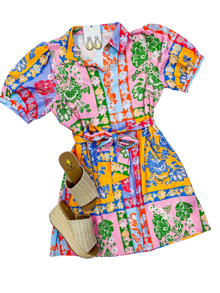 Patchwork Print Belted Dress