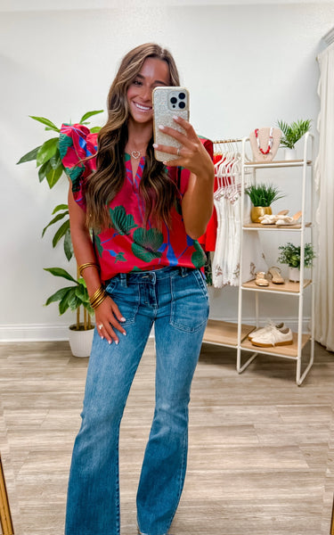Ruffled Cap Sleeve Floral Jacquard Top