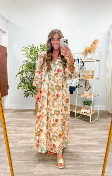 Botanical Print Long Sleeve Midi Dress