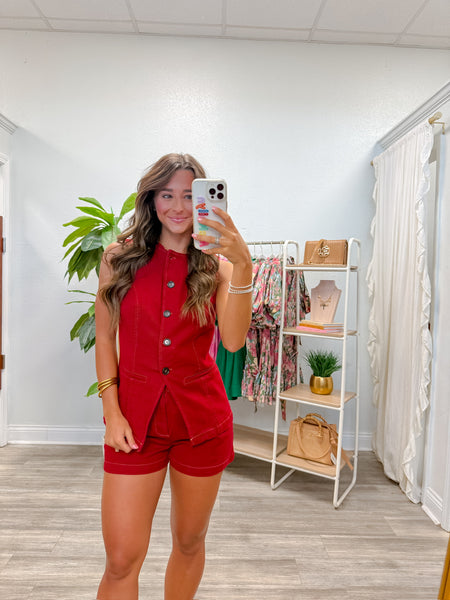 Denim Button Down Vest & Shorts Set
