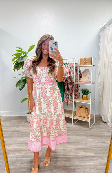 Puff Sleeves Floral Midi Dress