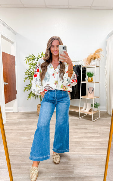 Tropical Print Split V-Neck Top