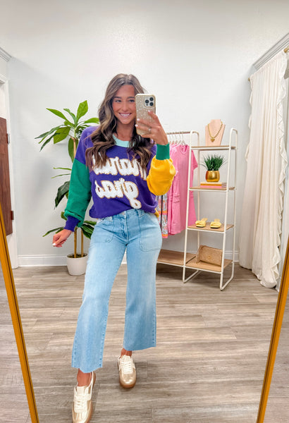 Colorblock Fuzzy Mardi Gras Sweater