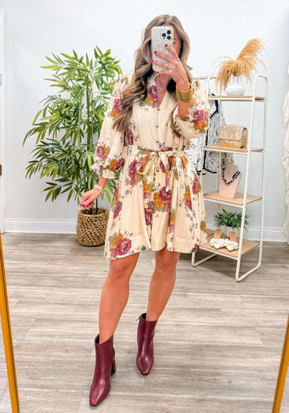 Floral Puff 3/4 Sleeve Mini Dress