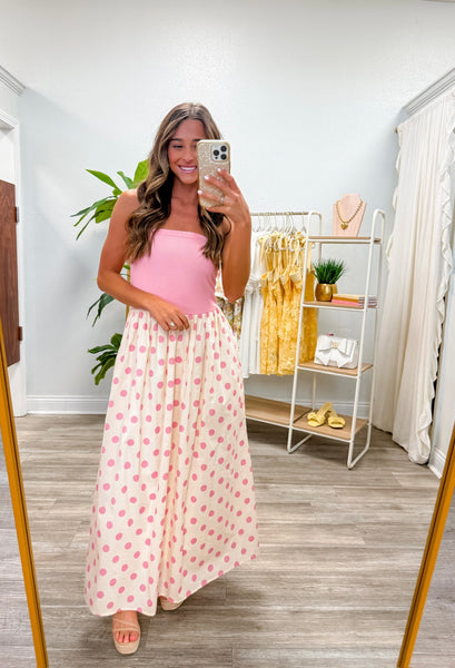 Strapless Polka Dot Tube Midi Dress