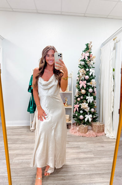 Metallic Cowl Neck Asymmetrical Dress