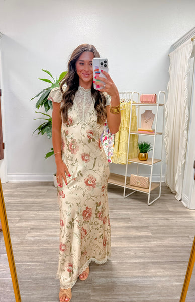 Floral Satin Lace Keyhole Back Maxi Dress