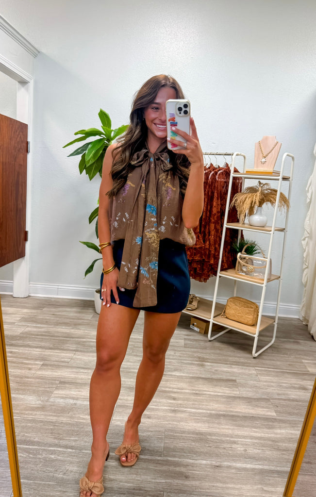 Floral Button Down Tie Neck Top