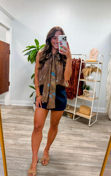 Floral Button Down Tie Neck Top