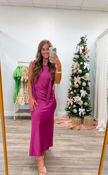 Solid Satin Cowl Back Sleeveless Bow Midi Dress