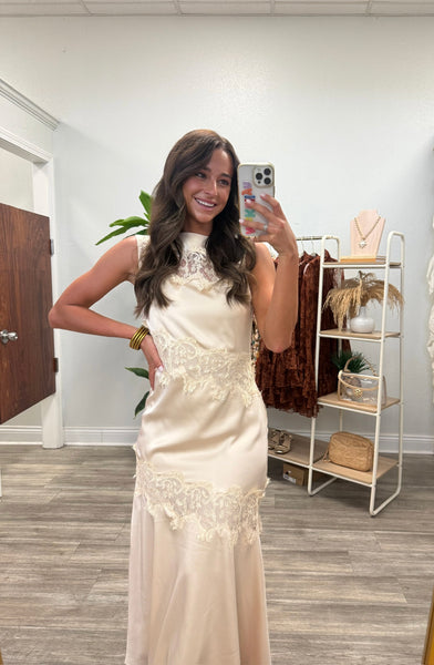 Satin Lace Panel Detail Midi Dress