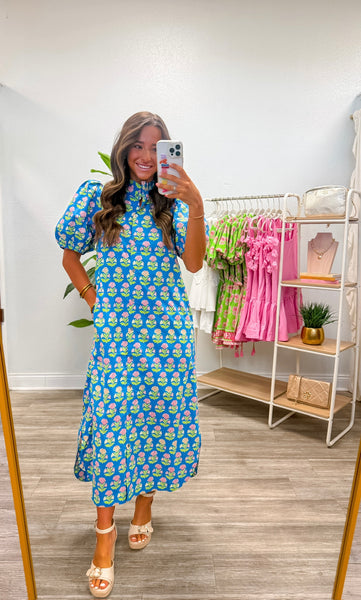 Botanical Short Puff Sleeve Midi Dress