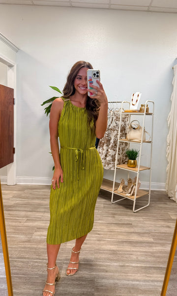 Gold Hardware Trim Plisse Midi Dress