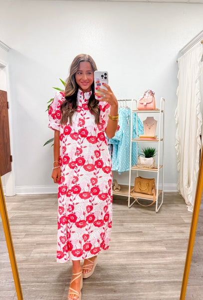 Floral Short Puff Sleeve Midi Dress