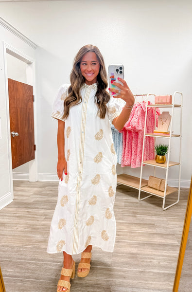 Embroidered Puff Sleeve Midi Dress