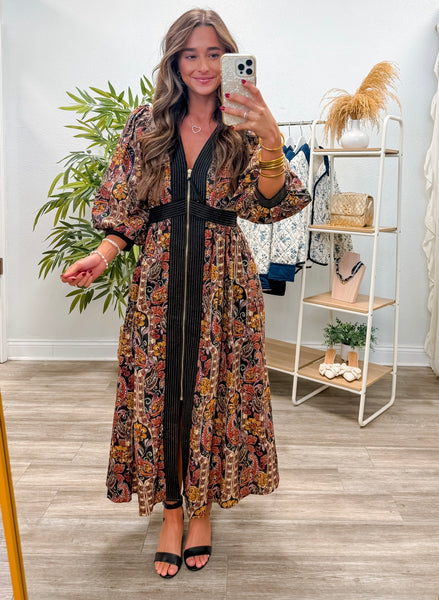 Paisley Print Puff Sleeve Midi Dress