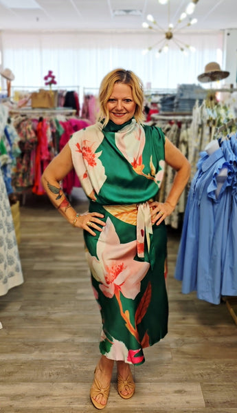 Floral Sleeveless Satin Midi Dress