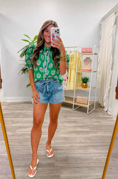 Floral Block Print Puff Sleeve Top