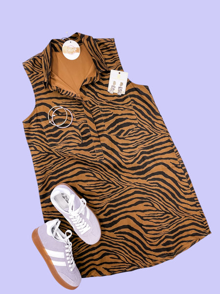Tiger Print Button Down Shirt Dress