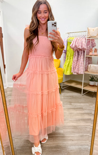 Smocked Mesh Midi Dress