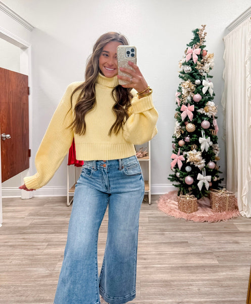 Cropped Turtleneck Ribbed Knit Sweater