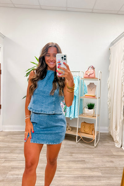 Round Neck Open Back Denim Set