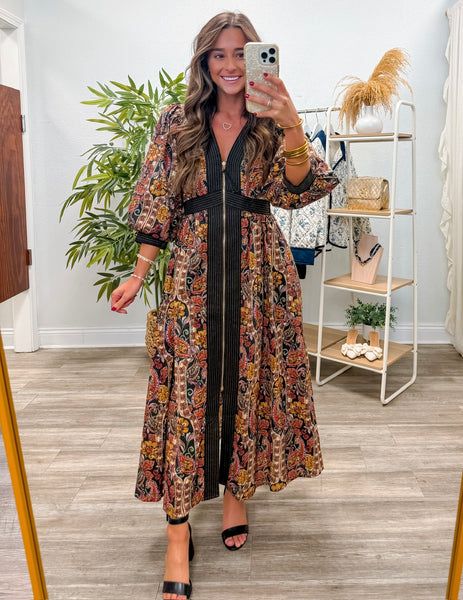 Paisley Print Puff Sleeve Midi Dress