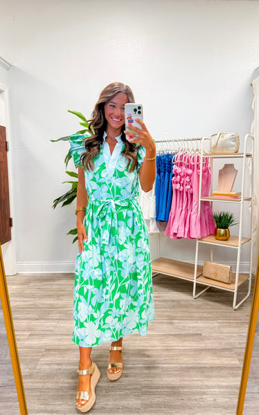 Botanical Print Ruffle Sleeve Midi Dress