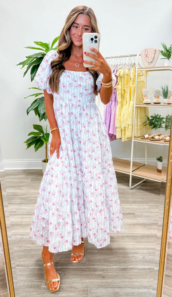 Floral Bubble Sleeve Back Tie Detail Dress