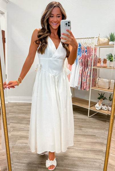 Side Bow Detail Basque Waist Midi Dress