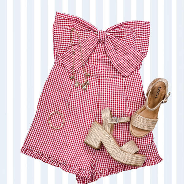 Gingham Romper W/ Bow & Ruffle Detail