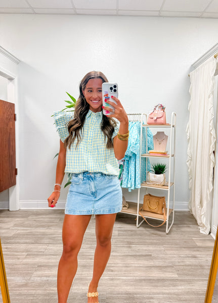 Gingham Pintuck Flutter Sleeve Top