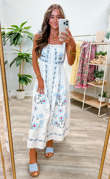 Floral Embroidered Shoulder Strap Midi Dress