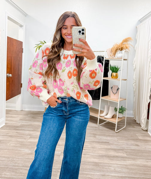 Floral Textured Knit Sweater Top