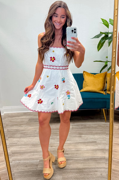 Floral Embroidered Square Neckline Mini Dress