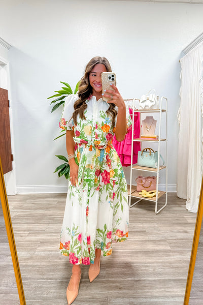 Printed Short Puff Sleeve Midi Dress