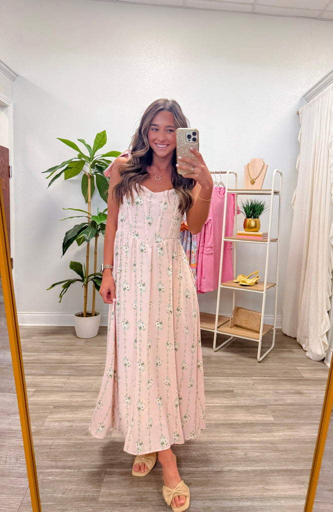 Stripe Floral Tie Strap Corset Midi Dress