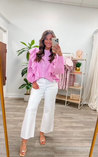 High Neck Embroidered Ruffle Top