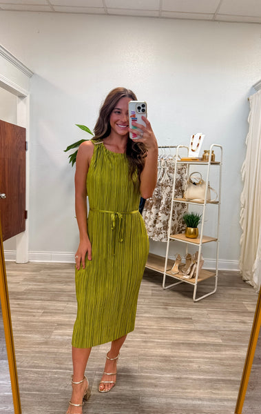 Gold Hardware Trim Plisse Midi Dress