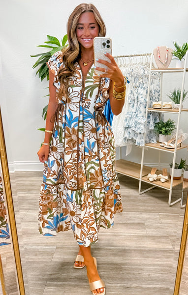 Botanical Flutter Sleeve Ruffle Midi Dress