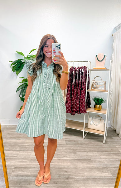 Textured Gingham Flutter Sleeve Dress