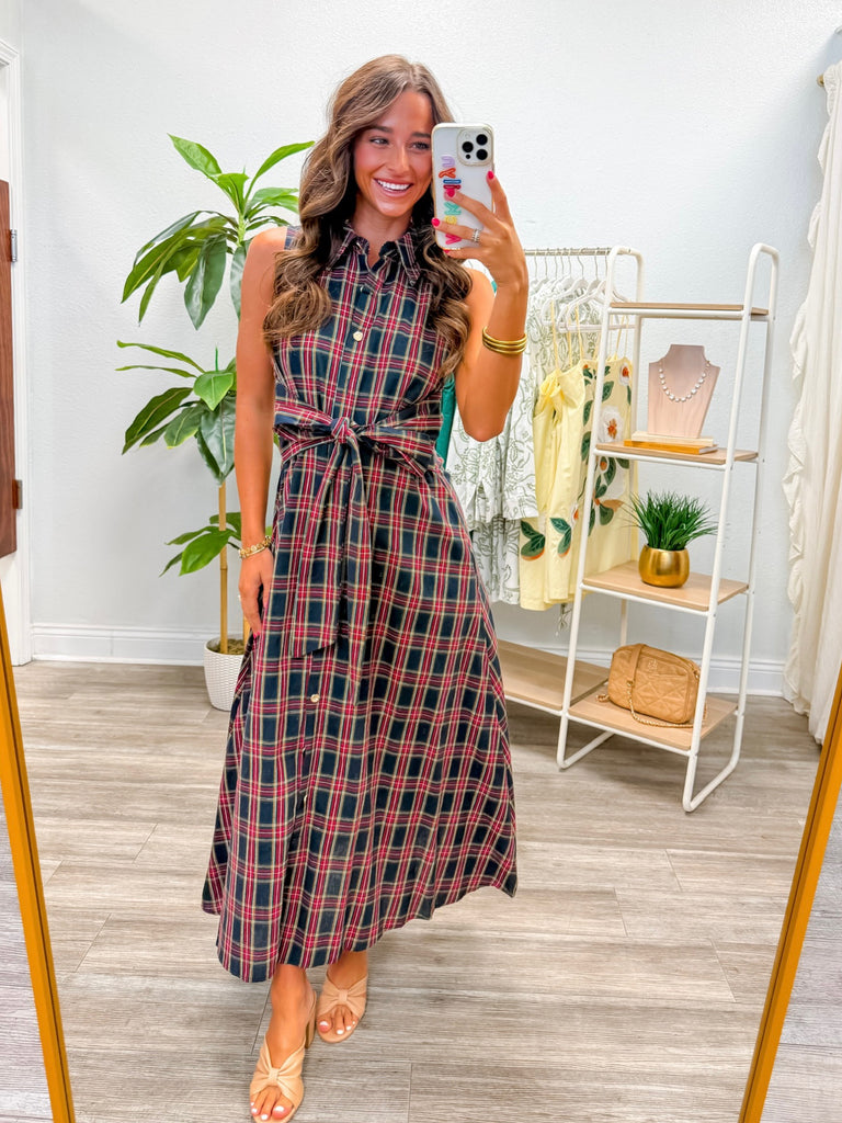 Plaid Collared Sleeveless Midi Dress