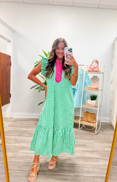 Gingham Flutter Sleeve Midi Dress